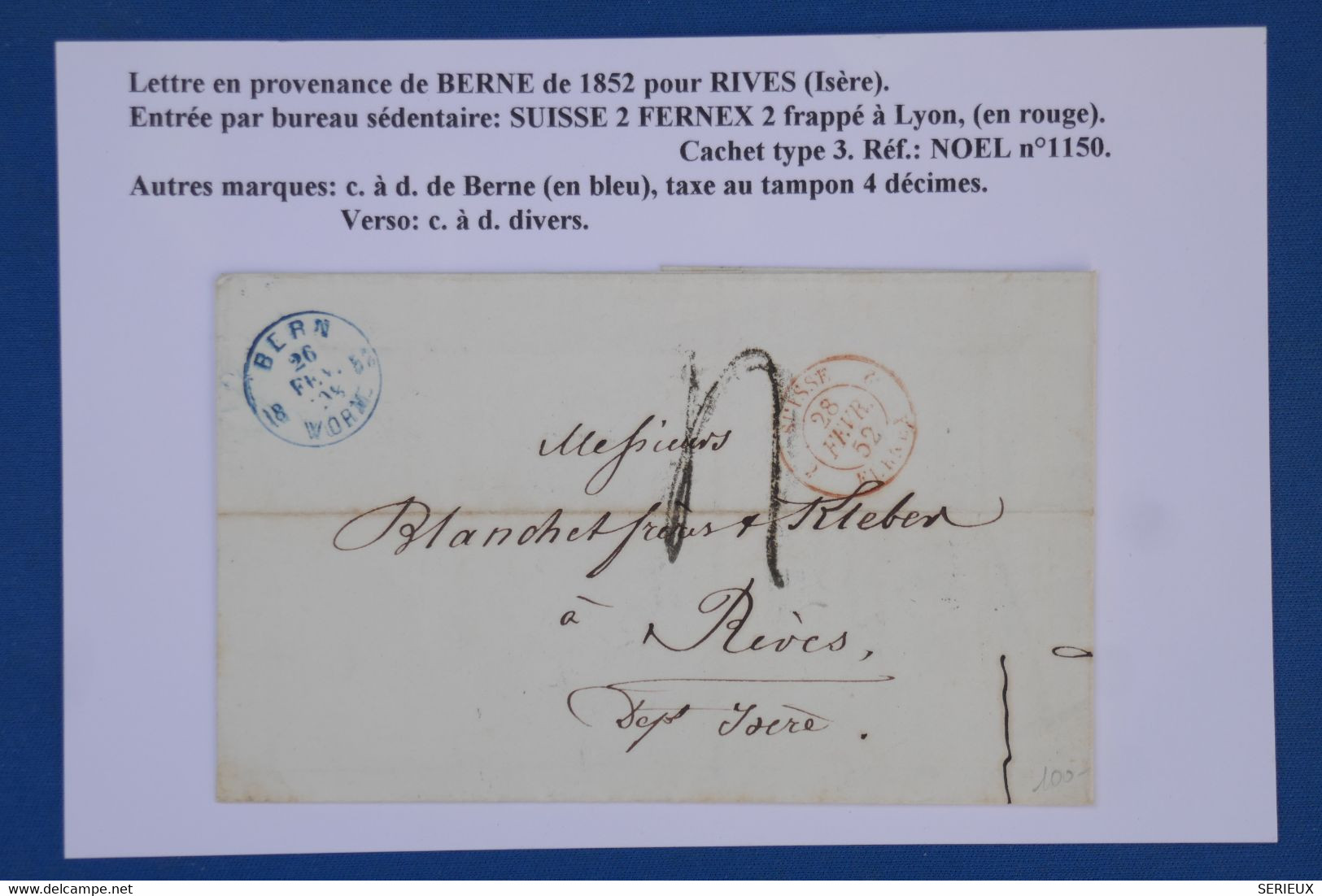 AW7  SUISSE  BELLE LETTRE 7 05 1852  BERN  A  RIVES FRANCE ++ C BLEU ET ROUGE ++AFFRANCHIS. PLAISANT. - ...-1845 Vorphilatelie