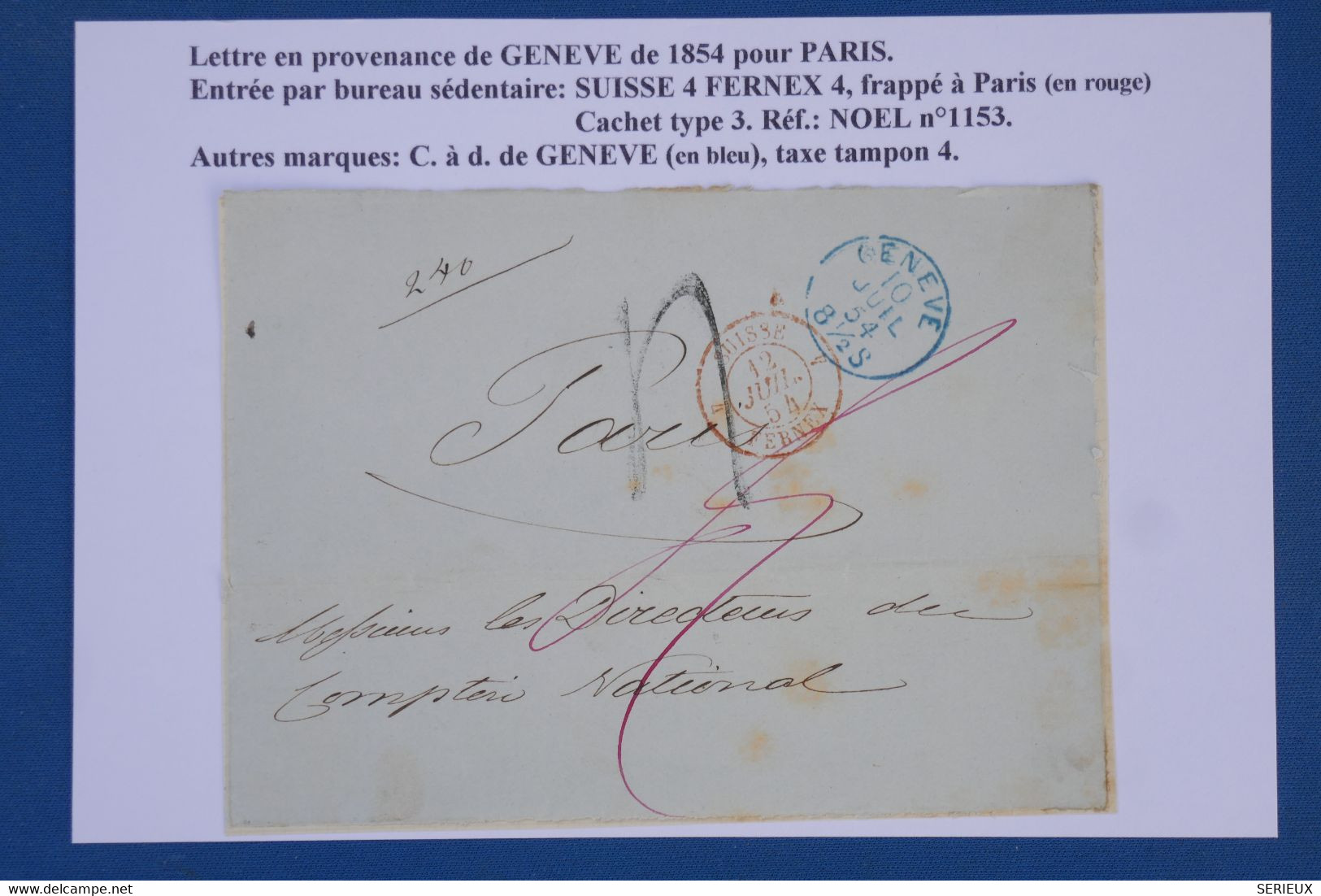 AW7  SUISSE  BELLE LETTRE  1851 GENEVE   A  PARIS FRANCE +++ C . BLEU ET ROUGE  ++AFFRANCHIS. INTERESSANT. - ...-1845 Voorlopers