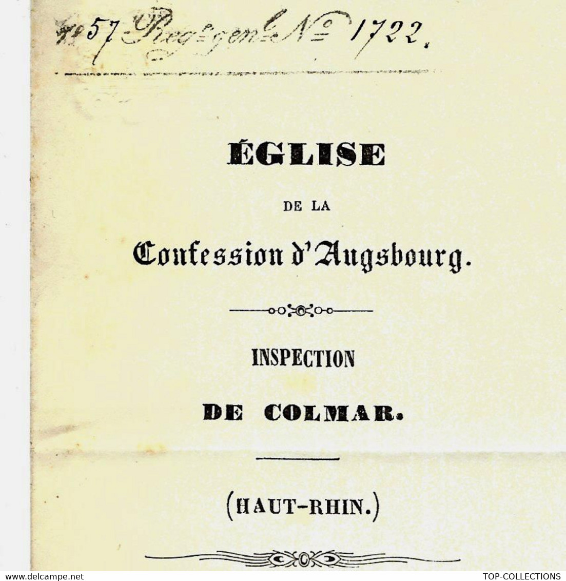 1857 RELIGION PROTESTANTISME ALSACE LORRAINE CONFESSION D’AUSBOURG CONSISTOIRE ET EGLISE DE COLMAR  « Schaller »V.HISTVo - Historical Documents