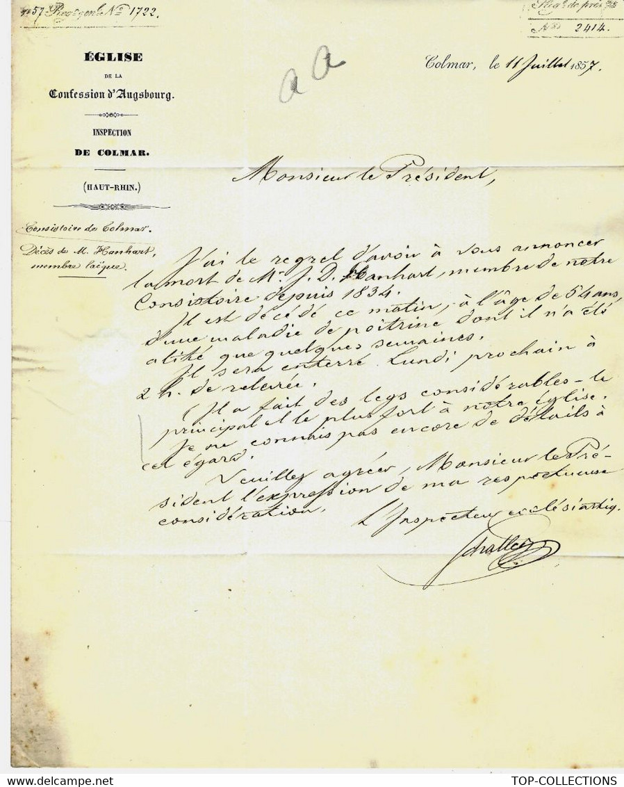 1857 RELIGION PROTESTANTISME ALSACE LORRAINE CONFESSION D’AUSBOURG CONSISTOIRE ET EGLISE DE COLMAR  « Schaller »V.HISTVo - Historische Documenten