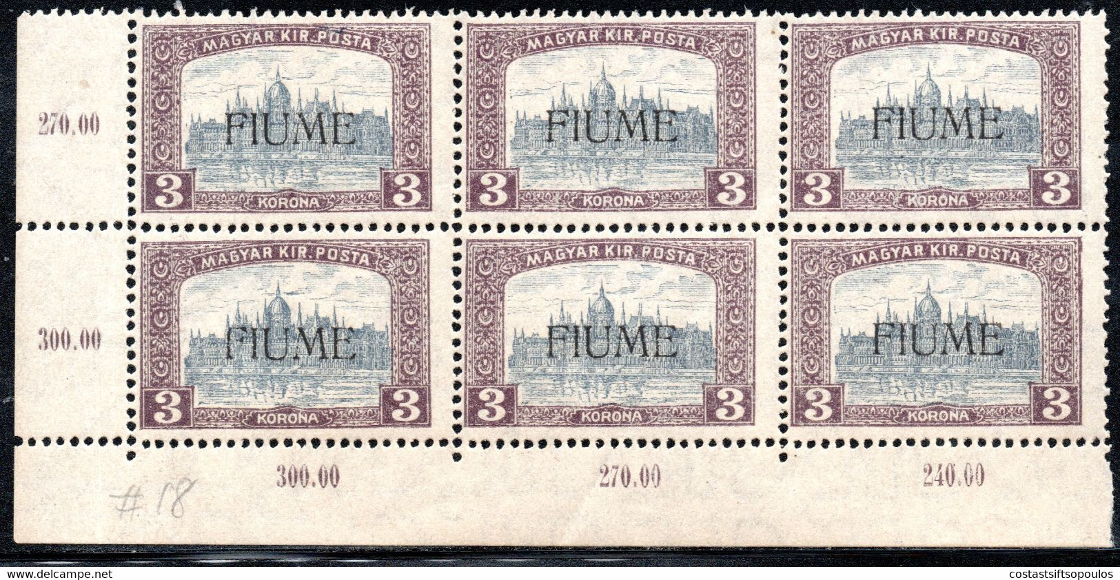 887.ITALY,HUNGARY,FIUME 1918 3 KR. PARLIAMENT Y.T. 19 MNH CORNER BLOCK OF 6,NATURAL WRINKLE - Fiume
