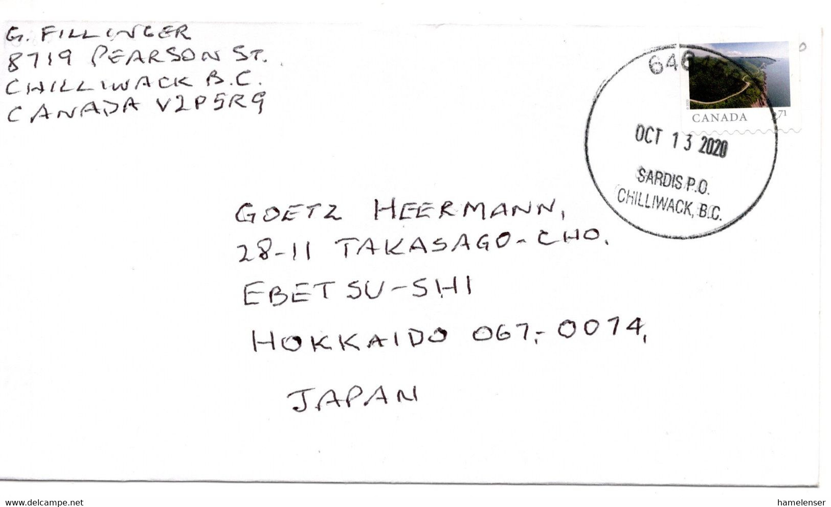 59590 - Canada - 2020 - $2.71 Landschaft EF A Bf SARDIS P.O. CHILLIWACK, B.C. -> Japan - Storia Postale