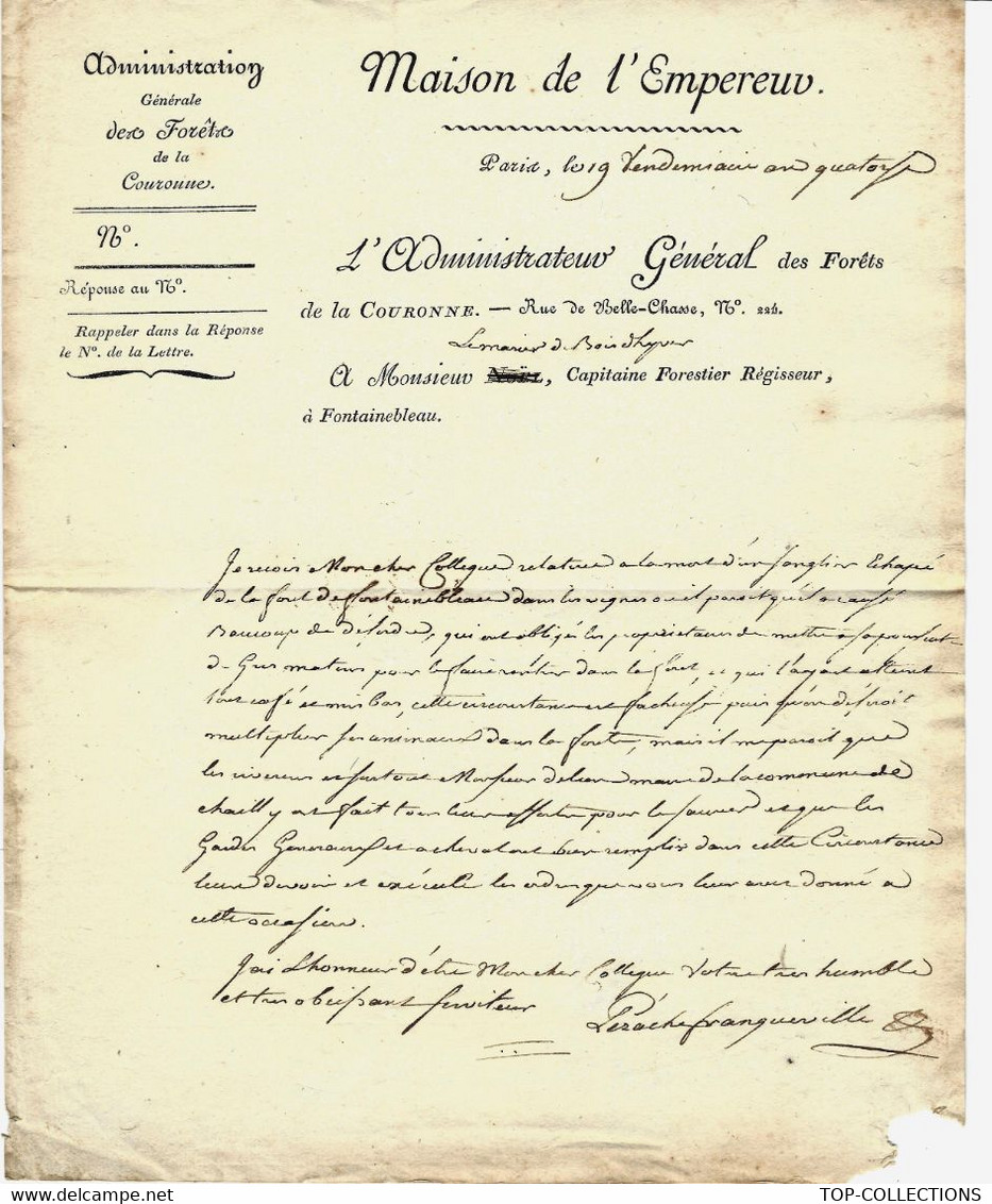 1805 ENTETE MAISON DE L’EMPEREUR PARIS Par Perache Franqueville à Le Marrier Boisdhyver VOIR SCANS+HISTORIQUE - Historische Dokumente