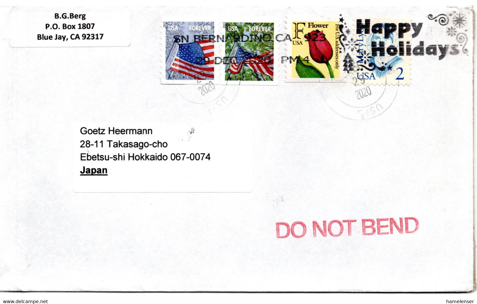 59593 - USA - 2020 - MiF A Bf SN BERNARDINO CA 923 -> Japan - Lettres & Documents