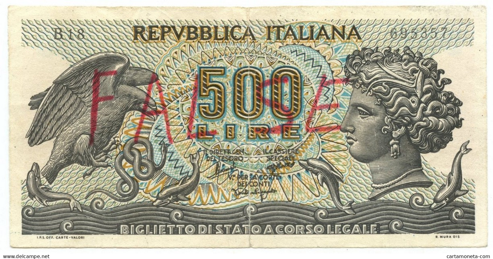 500 LIRE FALSO D'EPOCA BIGLIETTO DI STATO ARETUSA 20/06/1966 BB- - [ 8] Fictifs & Specimens