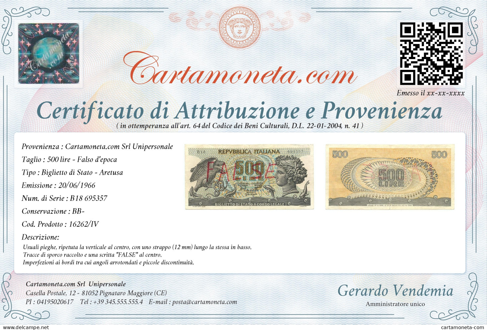 500 LIRE FALSO D'EPOCA BIGLIETTO DI STATO ARETUSA 20/06/1966 BB- - [ 8] Vals En Specimen