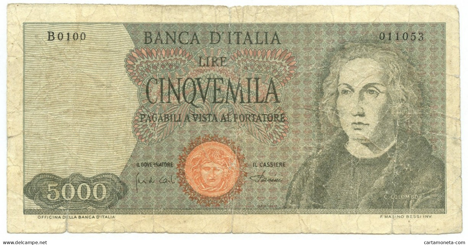 5000 LIRE FALSO D'EPOCA CRISTOFORO COLOMBO I TIPO MEDUSA 20/01/1970 MB/BB - [ 8] Vals En Specimen