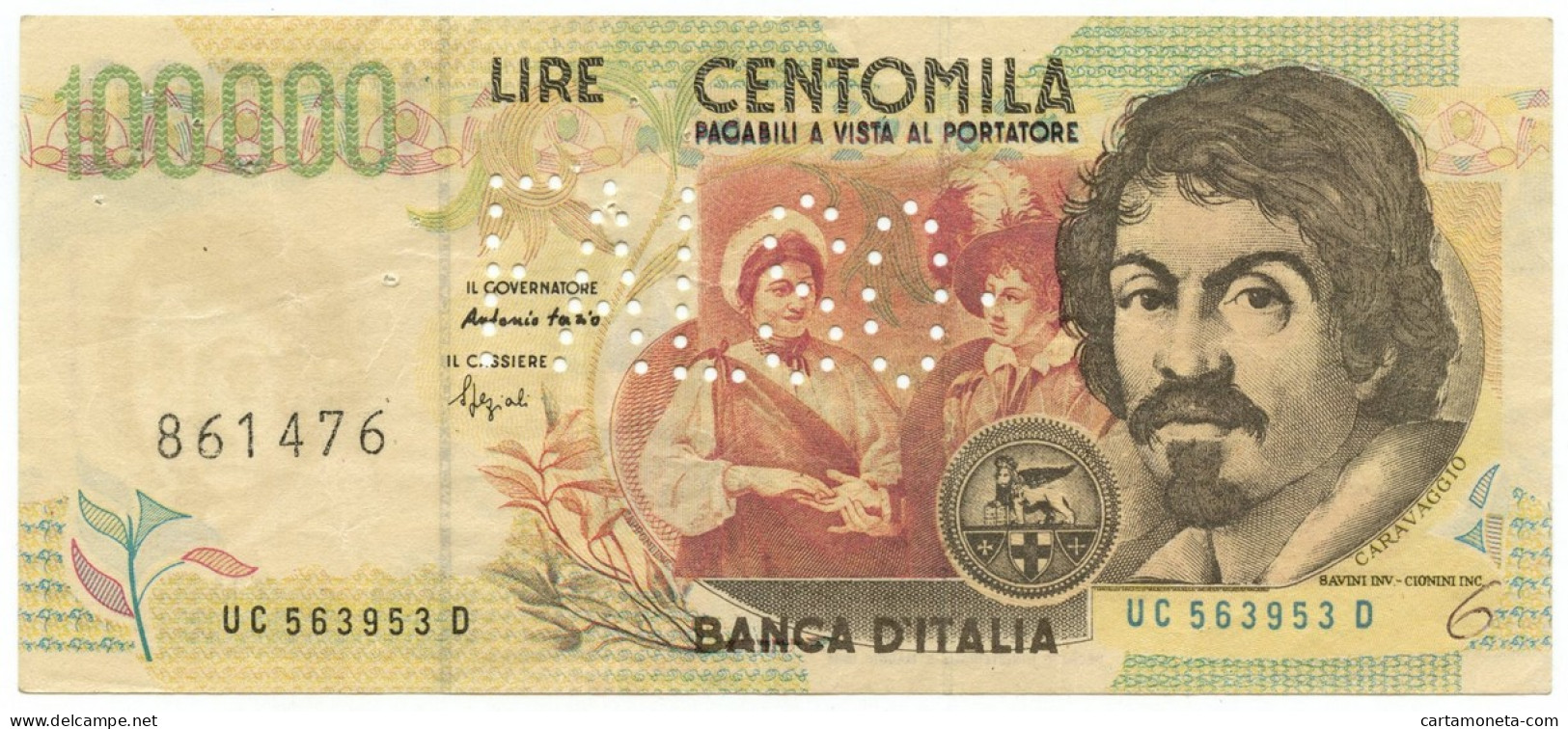 100000 LIRE FALSO D'EPOCA BANCA D'ITALIA CARAVAGGIO II TIPO 18/12/1995 BB- - [ 8] Fakes & Specimens