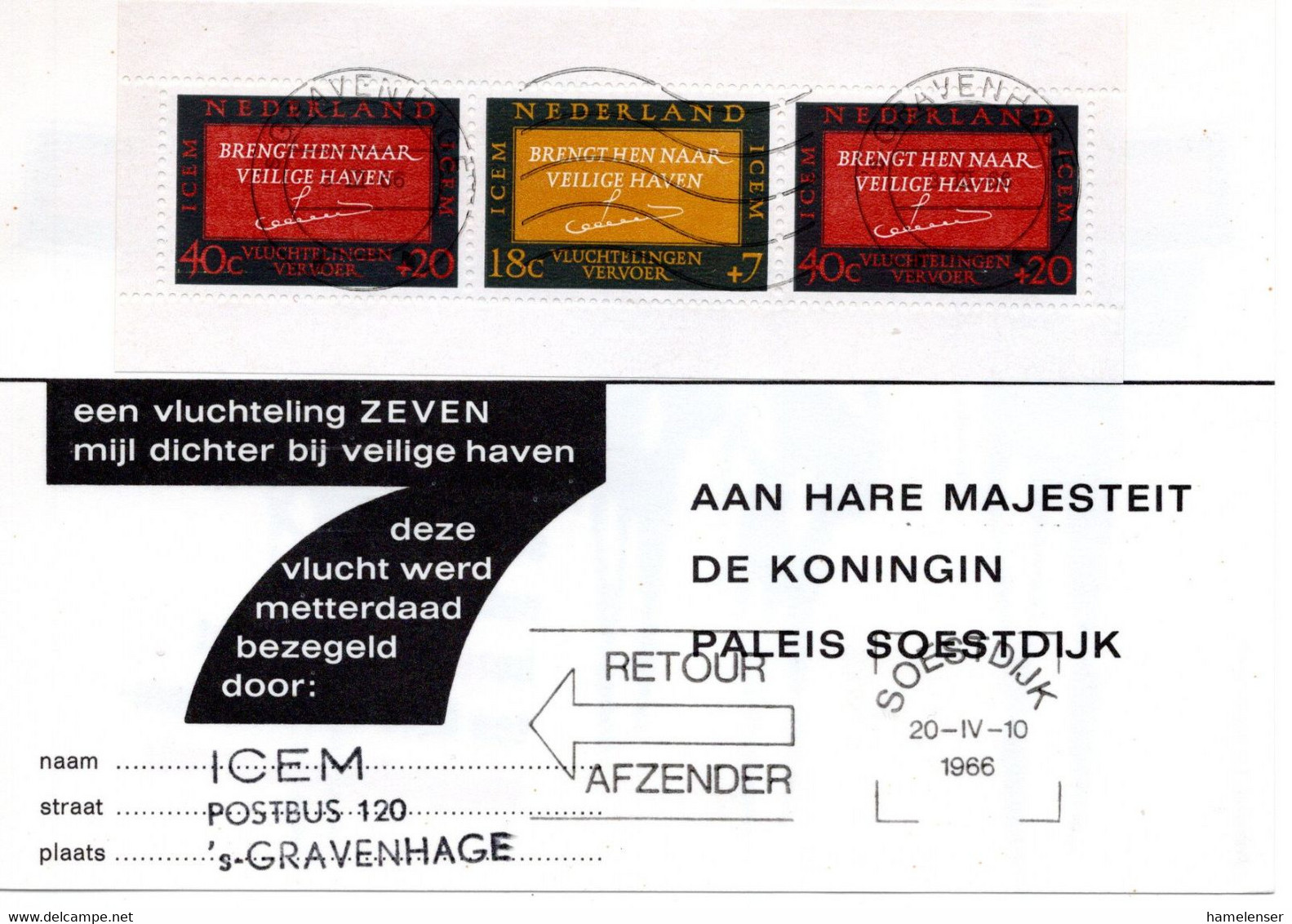 59596 - Niederlande - 1966 - Fluechtlingsblock EF A Kte. 's GRAVENHAGE -> SOESTDIJK, An Abs Zurueck - Brieven En Documenten
