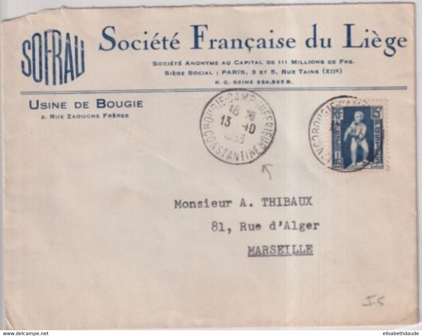 ALGERIE - 1953 - ENVELOPPE De BOUGIE-CAMP-INFERIEUR ! => MARSEILLE - Covers & Documents