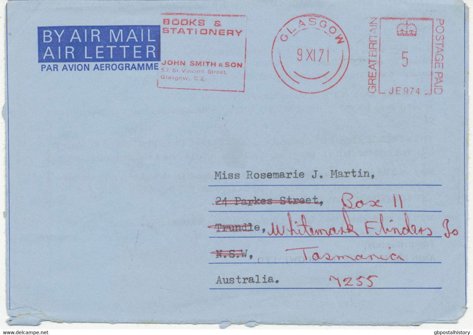 GB „GLASGOW / BOOKS & STATIONERY JOHN SMITH & SON“ Meterpost 5p On Very Fine Air Letter To TRUNDLE, New South Wales From - Brieven En Documenten