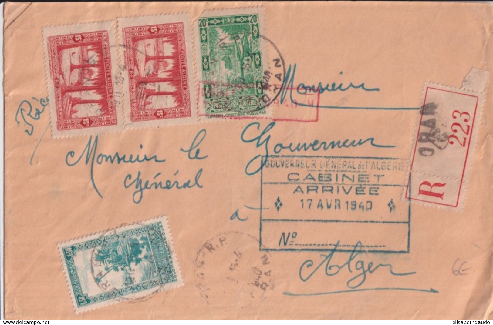 ALGERIE - 1940 - ENVELOPPE RECOMMANDEE De ORAN => GOUVERNEUR GENERAL ALGER - CACHET D'ARRIVEE Du CABINET ! - Lettres & Documents