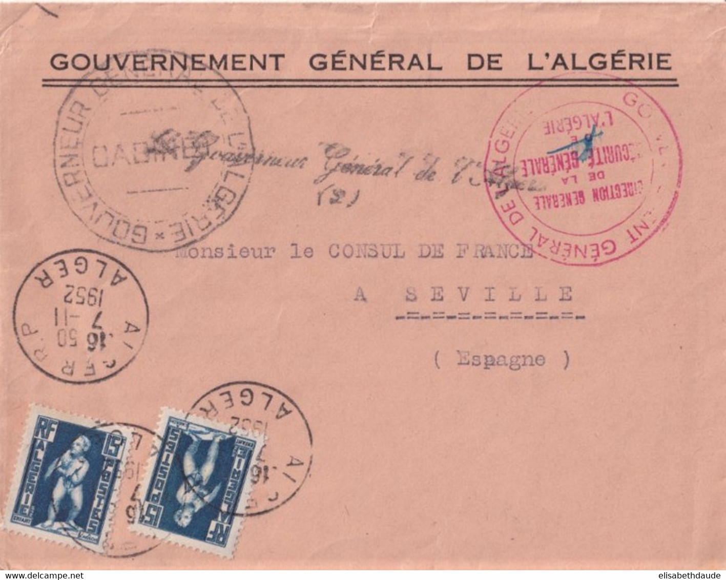 ALGERIE - 1952 - ENVELOPPE Du GOUVERNEUR GENERAL ALGER MARQUE LINERAIRE ! => CONSUL DE FRANCE à SEVILLE (ESPAGNE) - Lettres & Documents