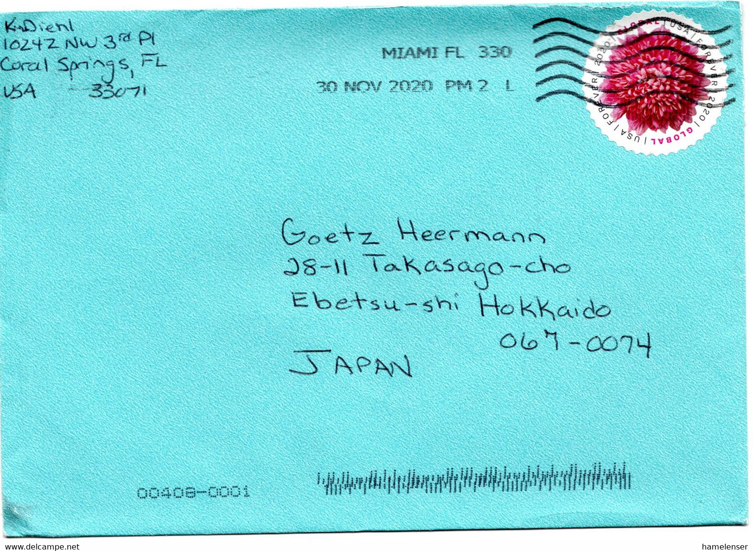 59606 - USA - 2020 - "Global Forever" '20 EF A Bf MIAMI FL 330 -> Japan - Lettres & Documents