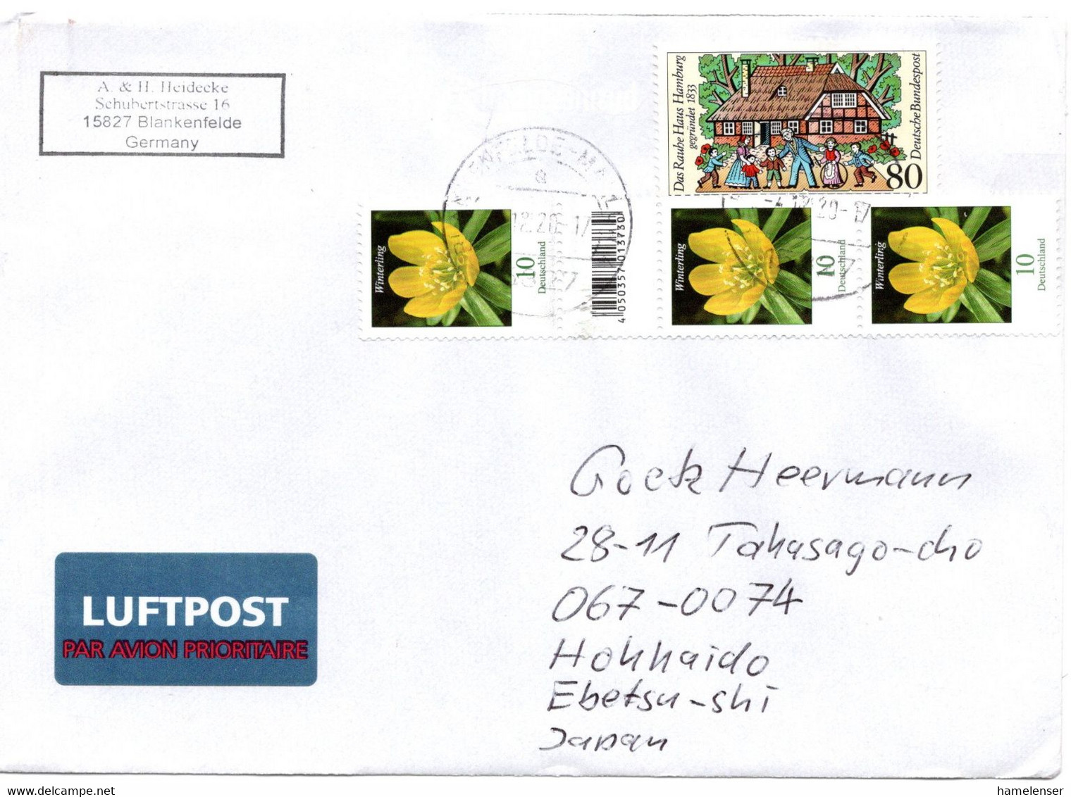 59607 - Bund - 2020 - 3@10c Blumen M Barcode MiF Mit Ungueltige DM-Mke BLANKENFELDE -> Japan - Briefe U. Dokumente