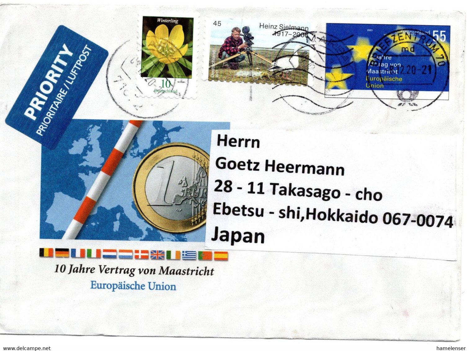 59608 - Bund - 2020 - 55c Plusbf "Maastricht" M ZusFr Per Luftpost MARBACH -> BRIEFZENTRUM 70 -> Japan - Brieven En Documenten