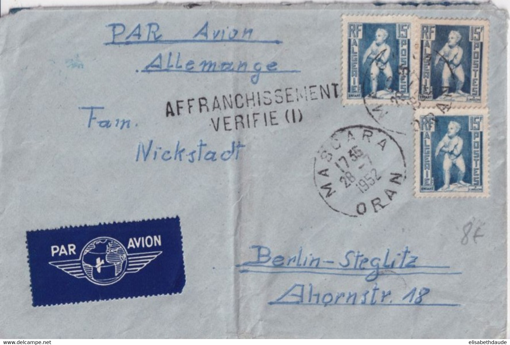 ALGERIE - 1952 - GRIFFE "AFFRANCHISSEMENT VERIFIE" ENVELOPPE Par AVION De MASCARA => BERLIN - Storia Postale