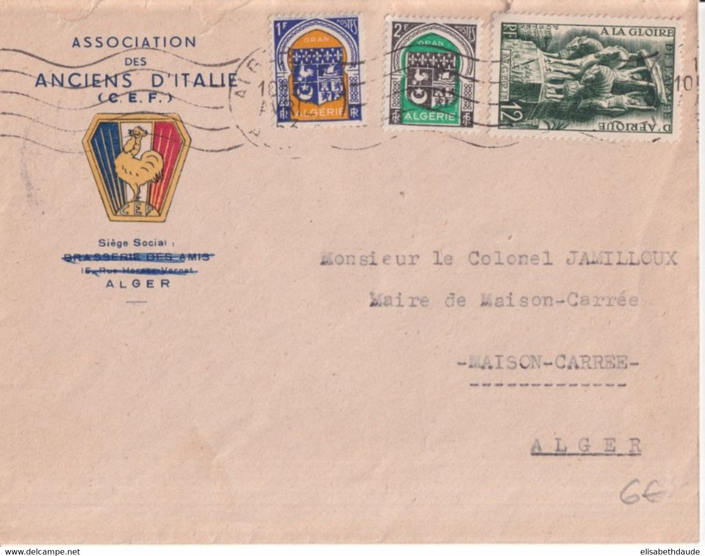 ALGERIE - 1953 - ENVELOPPE ILLUSTREE "ANCIENS D'ITALIE 2° GUERRE" ! De ALGER => MAISON-CARREE - Storia Postale