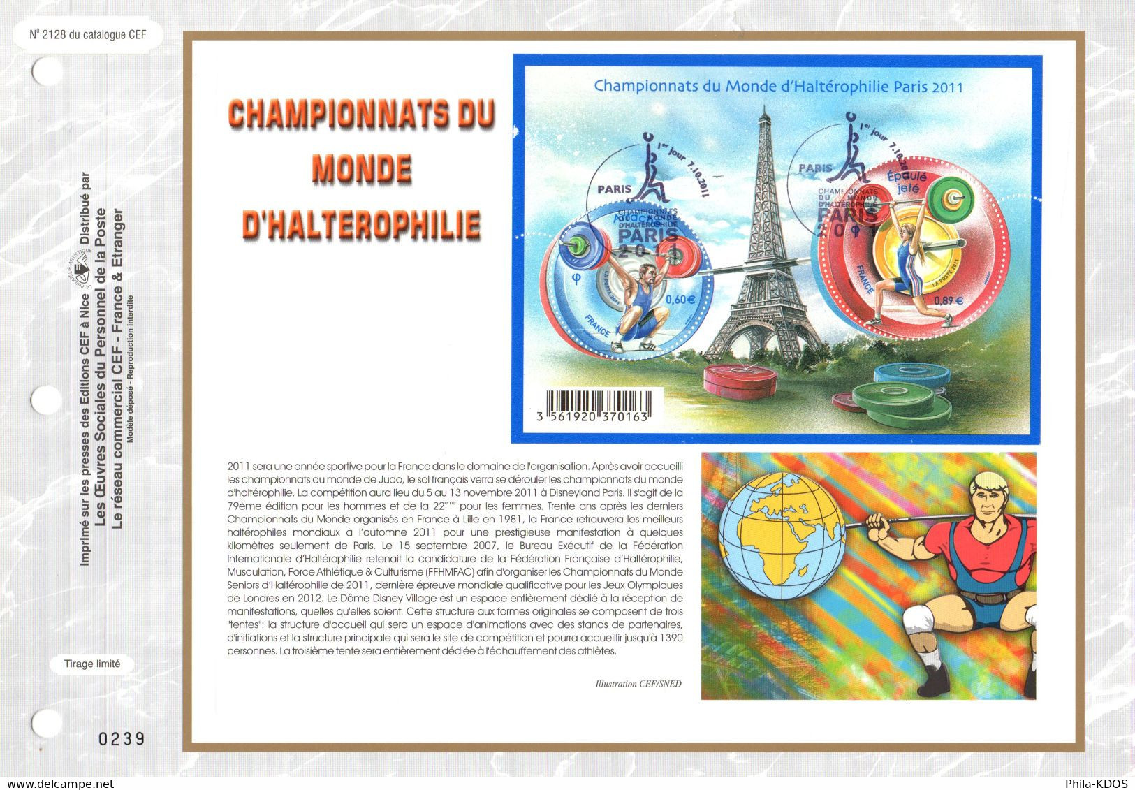 " HALTEROPHILIE Tour Eiffel " Sur Feuillet CEF 1er Jour De 2011. N° YT 4592. Parfait état. FDC - Weightlifting