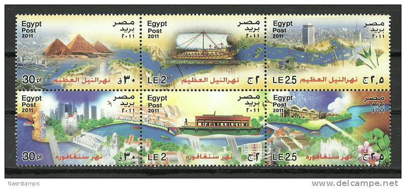 Egypt - 2011 - ( Joint Issue - Egypt & Singapore - River Of Both, Ships & Landmarks Of Egypt ) Strip Of 6 - MNH (**) - Nuovi