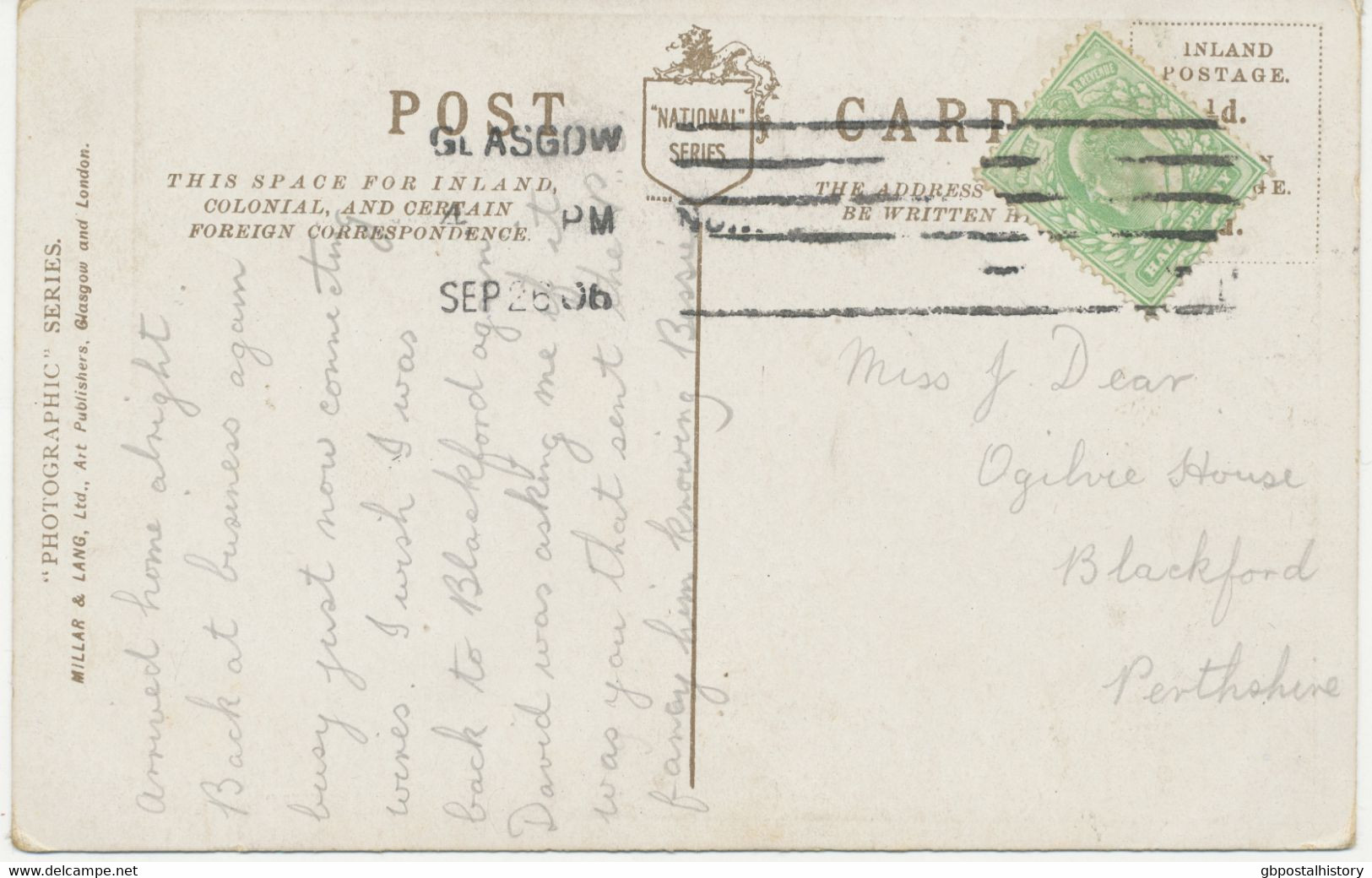GB „GLASGOW No.1“ Columbia Machine Postmark On Very Fine RP Postcard (Miss Delia Mason) To BLACKFORD, 26.9.1906 - Brieven En Documenten