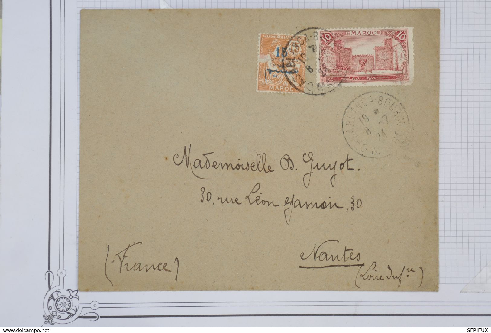 118  MAROC  BELLE LETTRE  1924  CASABLANCA  POUR  NANTES  FRANCE  ++SURCHARGE BLEU + +AFFRANCHIS. INTERESSANT. - Briefe U. Dokumente