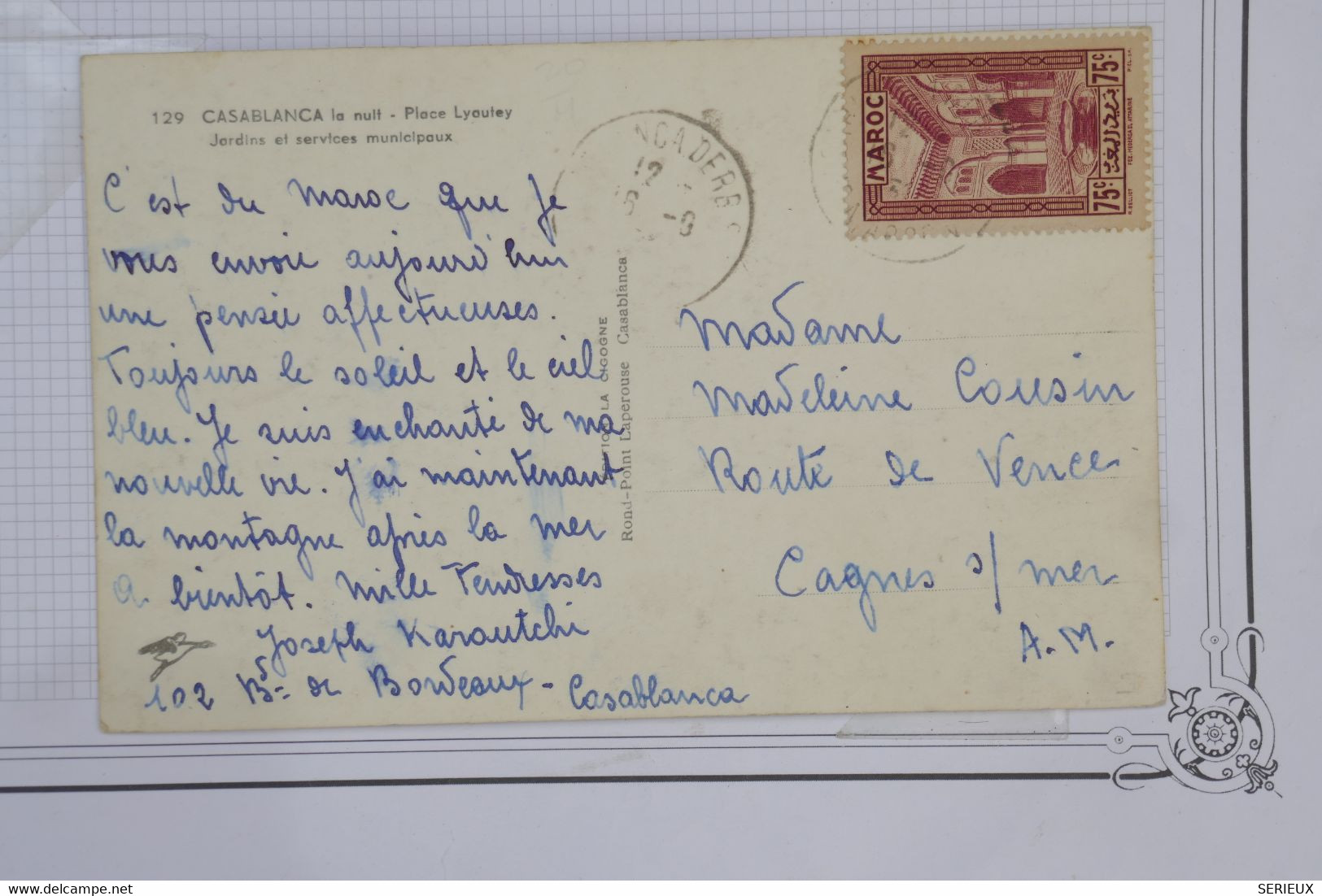 121  MAROC  BELLE CARTE  1938 CASABLANCA  POUR CAGNES  FRANCE ++ +AFFRANCHIS. INTERESSANT. - Covers & Documents
