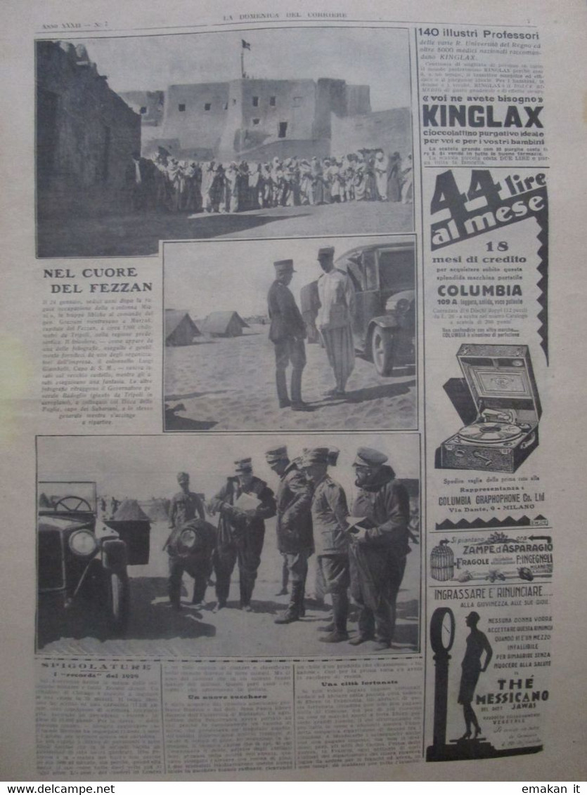 # DOMENICA DEL CORRIERE N 7 / 1930 TELESCOPI / NEL CUORE DEL FEZZAN (LIBIA) - Erstauflagen