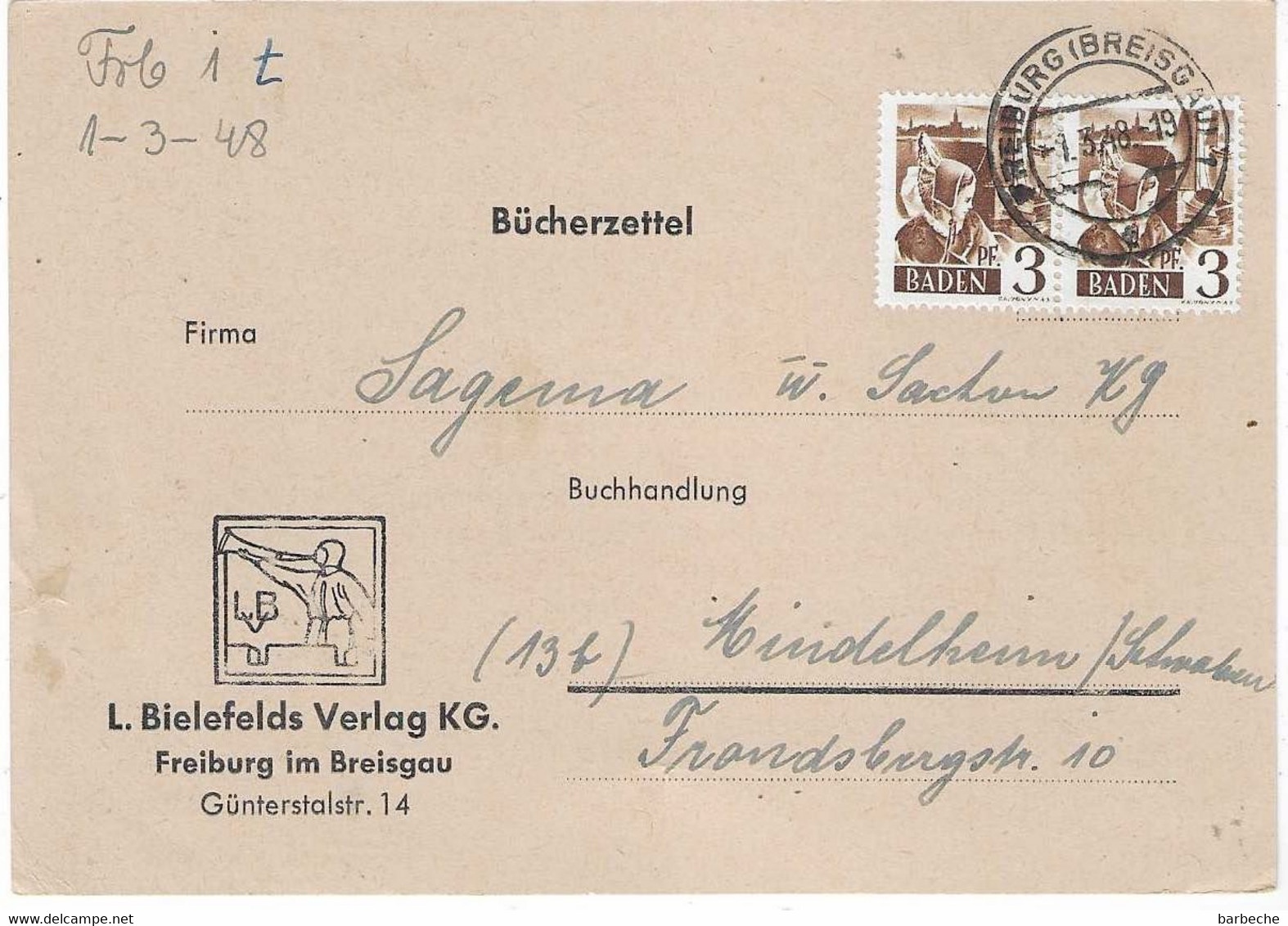 1948 L, Bielefelds Verlag KG Freiburg Im Breisgau - Enveloppes - Oblitérées
