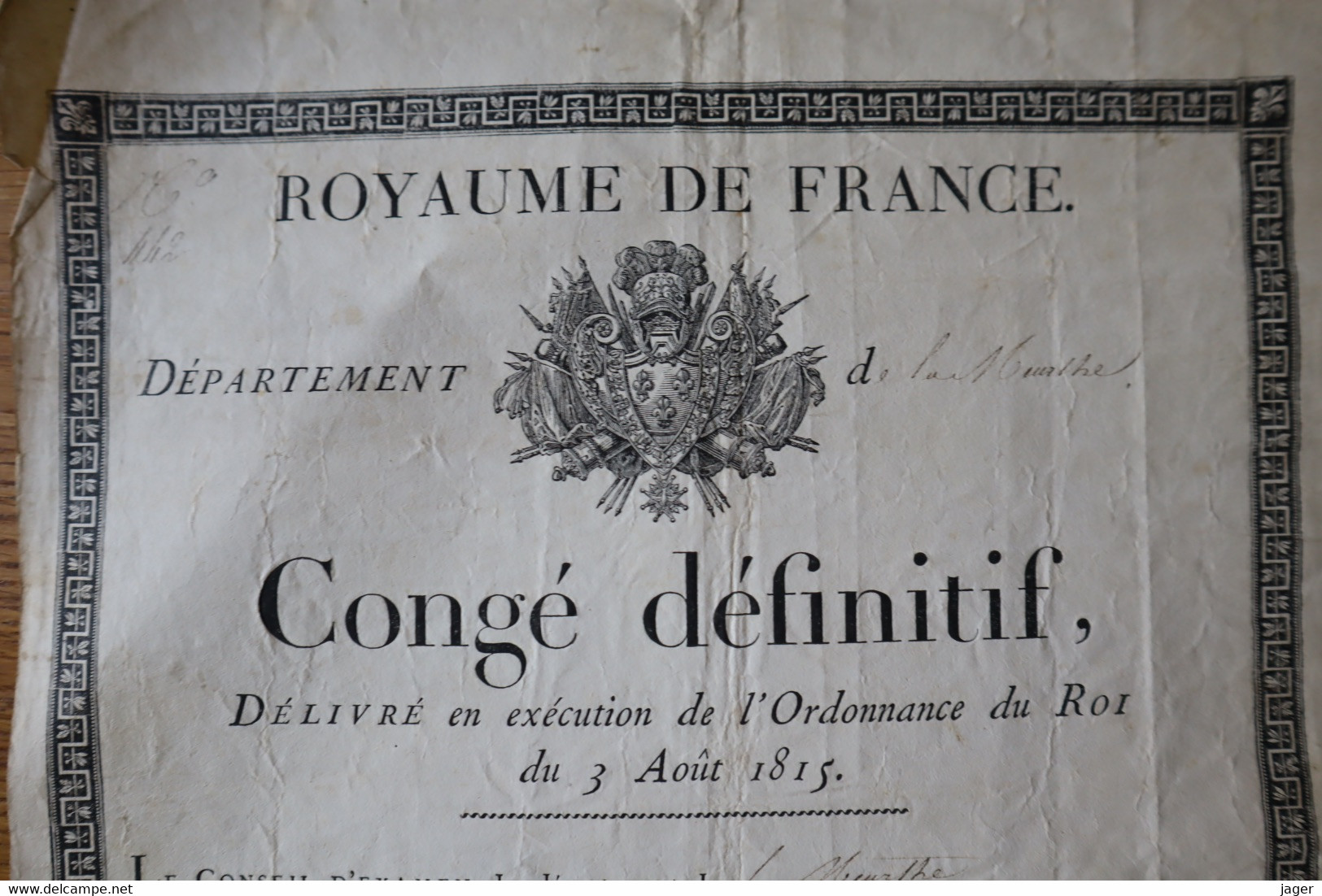 Royaume De France Congé Définitif  1815 - Documents Historiques