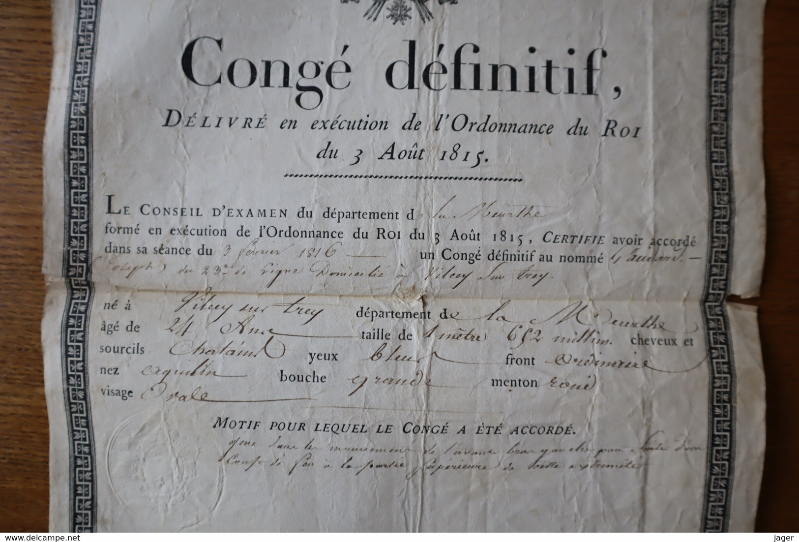 Royaume De France Congé Définitif  1815 - Documents Historiques