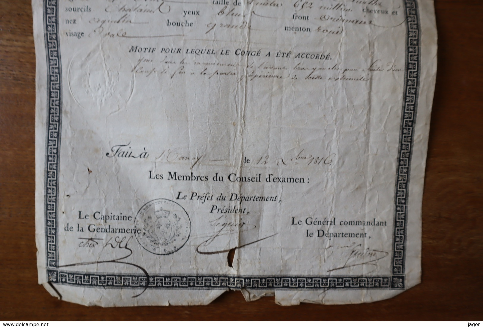 Royaume De France Congé Définitif  1815 - Documents Historiques