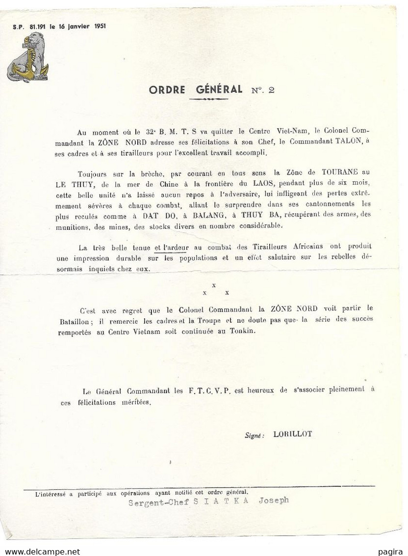 Guerre D' INDOCHINE  Ordre Générale 32 Iéme B.M.T.S + Divers Documents Referents - Documentos