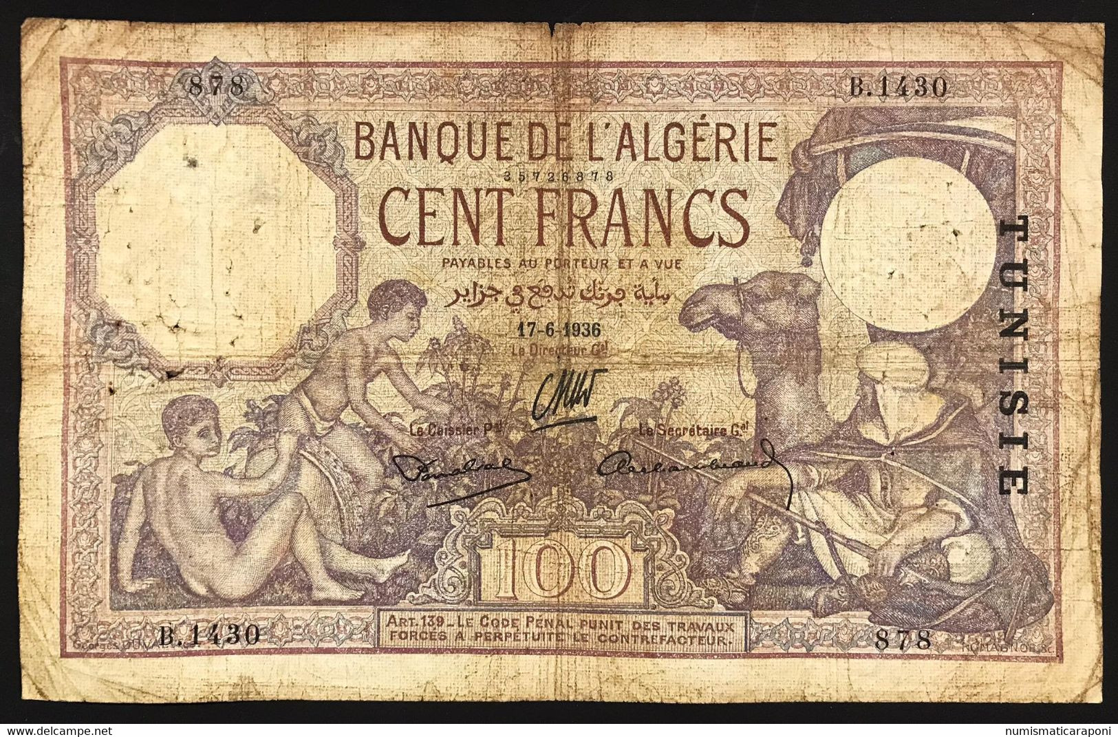 Tunisia Tunisie 100 Francs 17 06 1936 Mb+ Naturale LOTTO 3811 - Tunisie