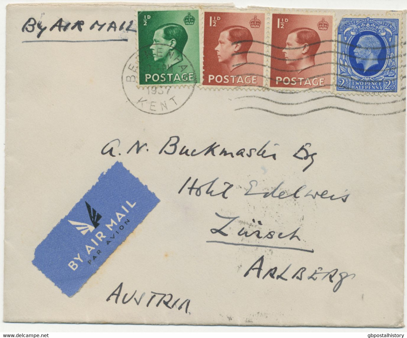 GB 1937, Mixed Postage GV 2 ½d (faults) And EVIII ½d And 1 ½d (2x), Totally 6d On Very Fine Cover (backflap Missing) - Storia Postale