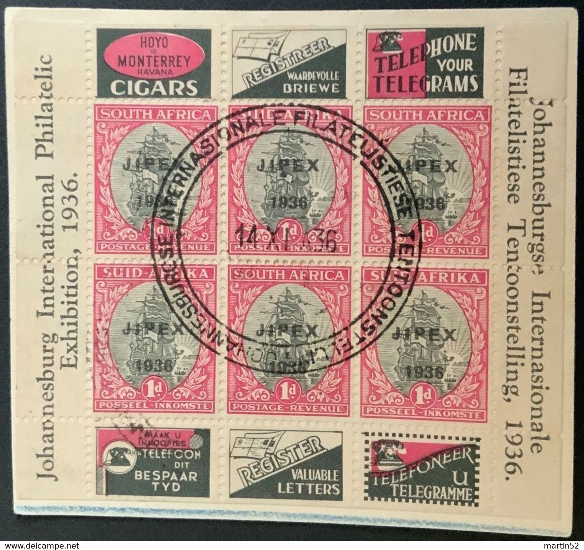 SOUTH AFRICA SUID AFRIKA 1936: Michel  Block 2 Auf Fragment (on Paper) With Special Postmark JIPEX 14.XI.36 (last Day) - Blocks & Kleinbögen