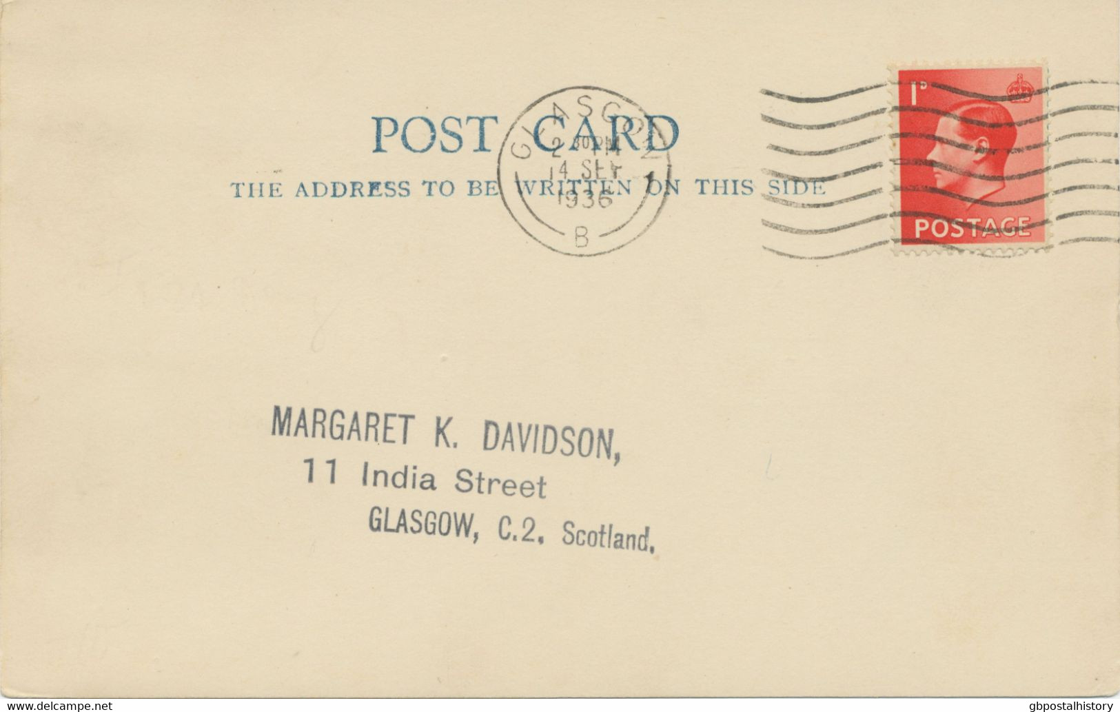 GB 1936 King Edward VIII 1d Red Single Postage Superb Locally Used Postcard (= Correct Postage Rate) With First Day Pmk - Briefe U. Dokumente