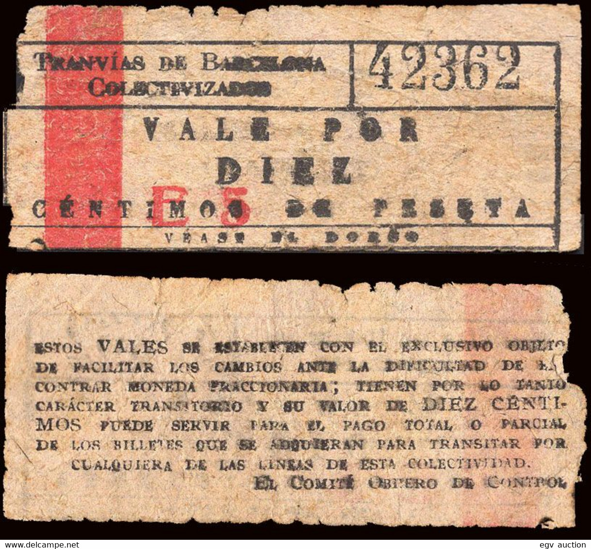 Barcelona - Guerra Civil - 1937 - "Vale 10 Céntimos De Peseta De Los Tranvías De Barcelona Colectivizados" - Europa