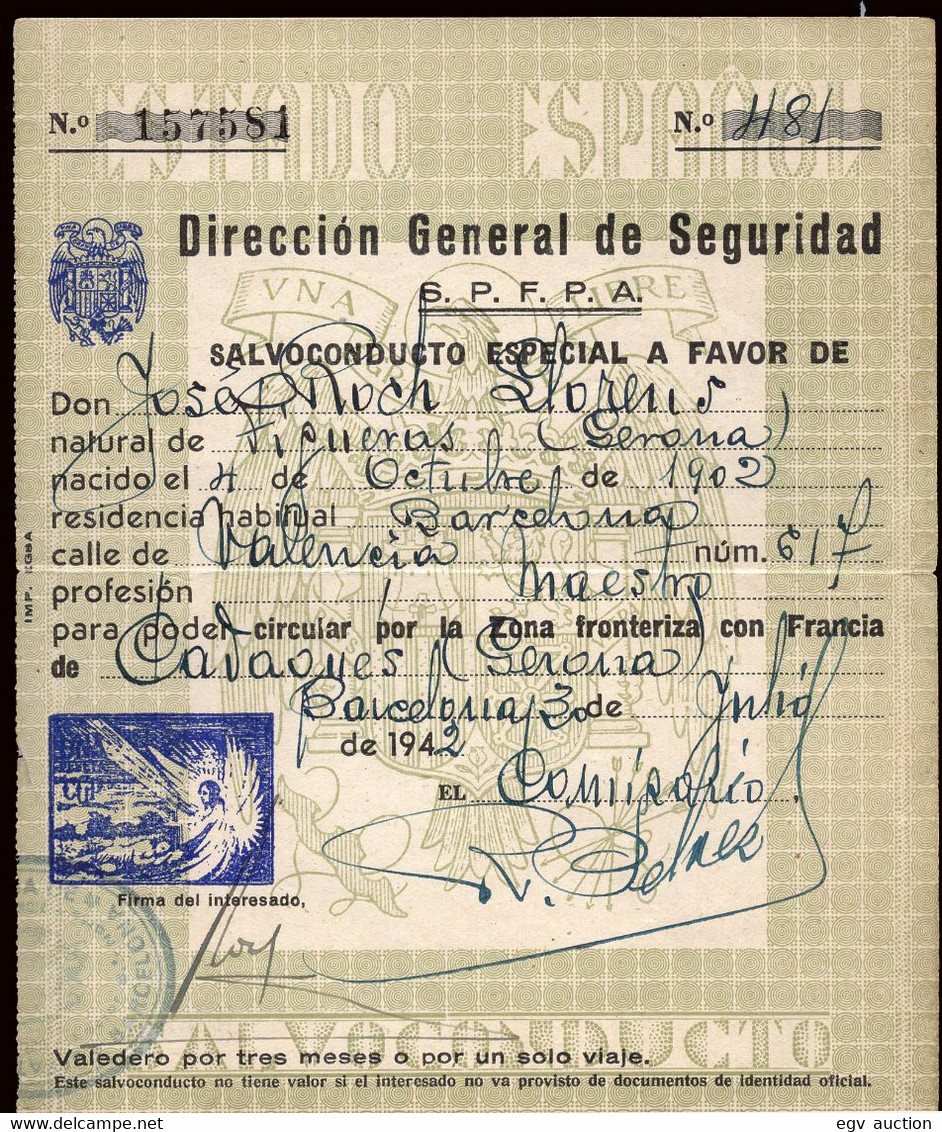 Gerona - Guerra Civil - 1942 - "Salvoconducto De Una Peseta Para Poder Circular Por La Zona Fronteriza Con Francia" - Spain