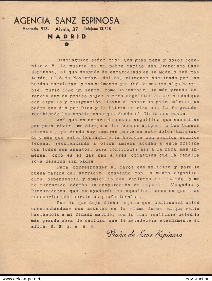 Madrid - Guerra Civil - 1936 - Carta Impresa De "Agencia Sanz Espinosa" Ofreciendo Sus Servicios - Spain