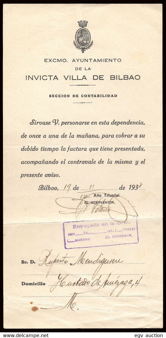 Vizcaya - Guerra Civil - 1938 - Bilbao "Aviso De Cobro De Facturas" - España