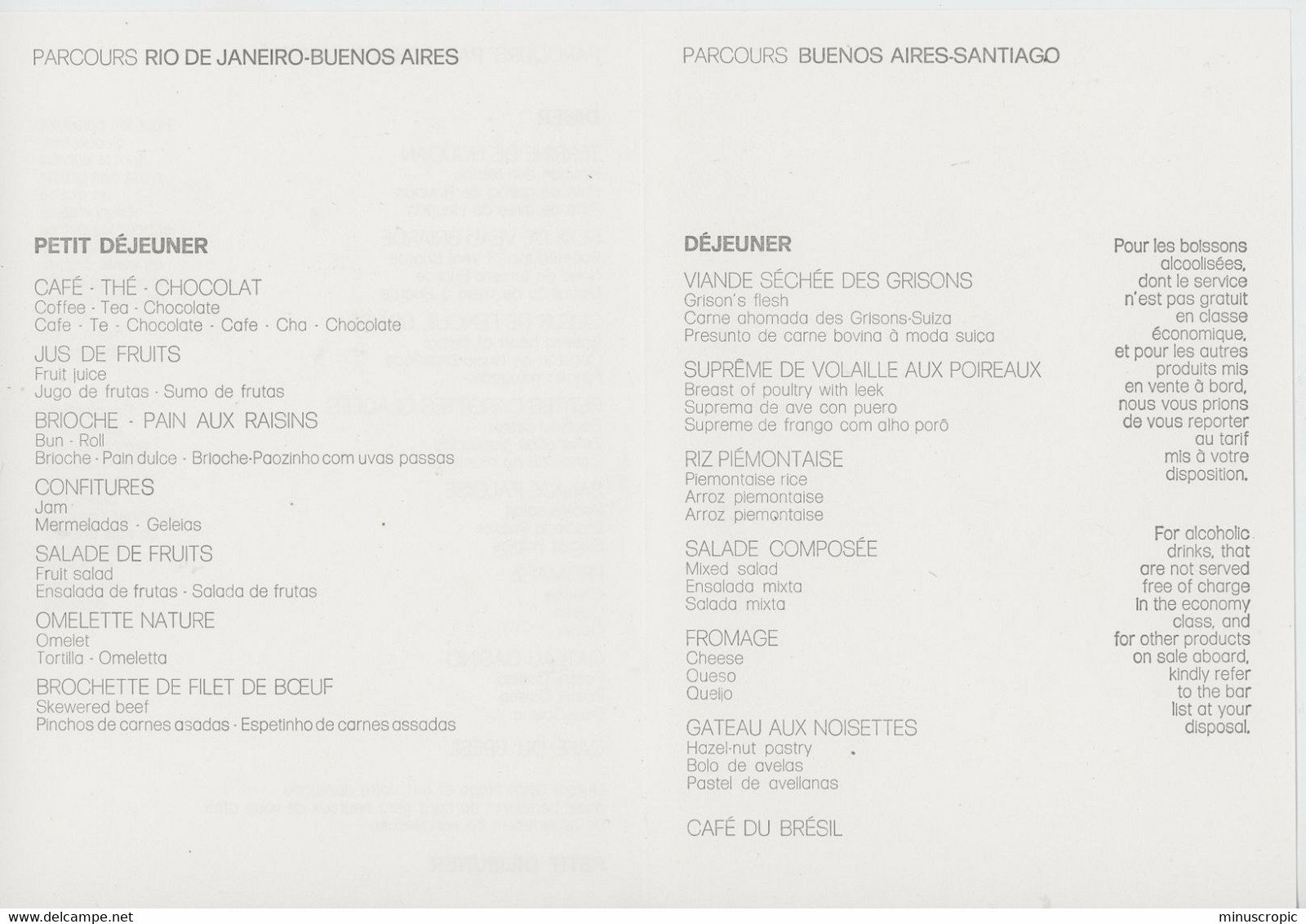 Un Menu Air France - Paris - Santiago Du Chili - Menu Cards