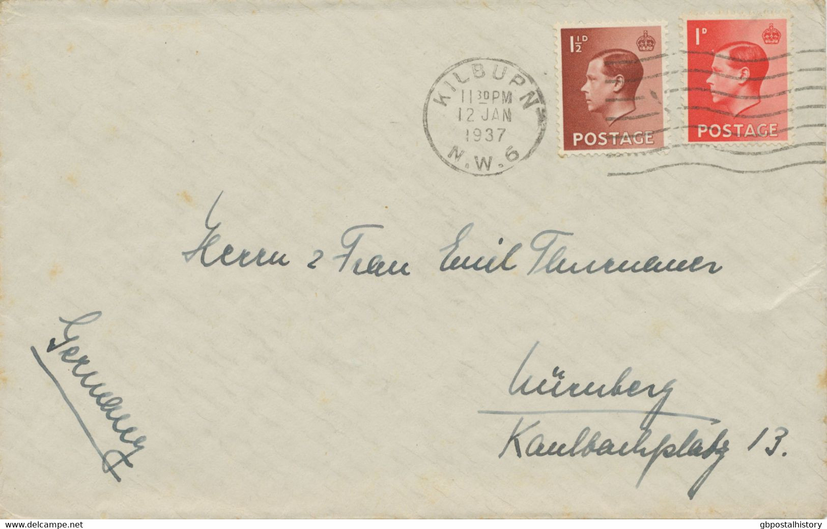 GB 1937 Edward VIII 1d & 1 ½d Mixed Postage Tied By Machine Postmark „KILBUPN / N.W.6“ (KILBURN, LONDON - POSTMARK-ERROR - Storia Postale