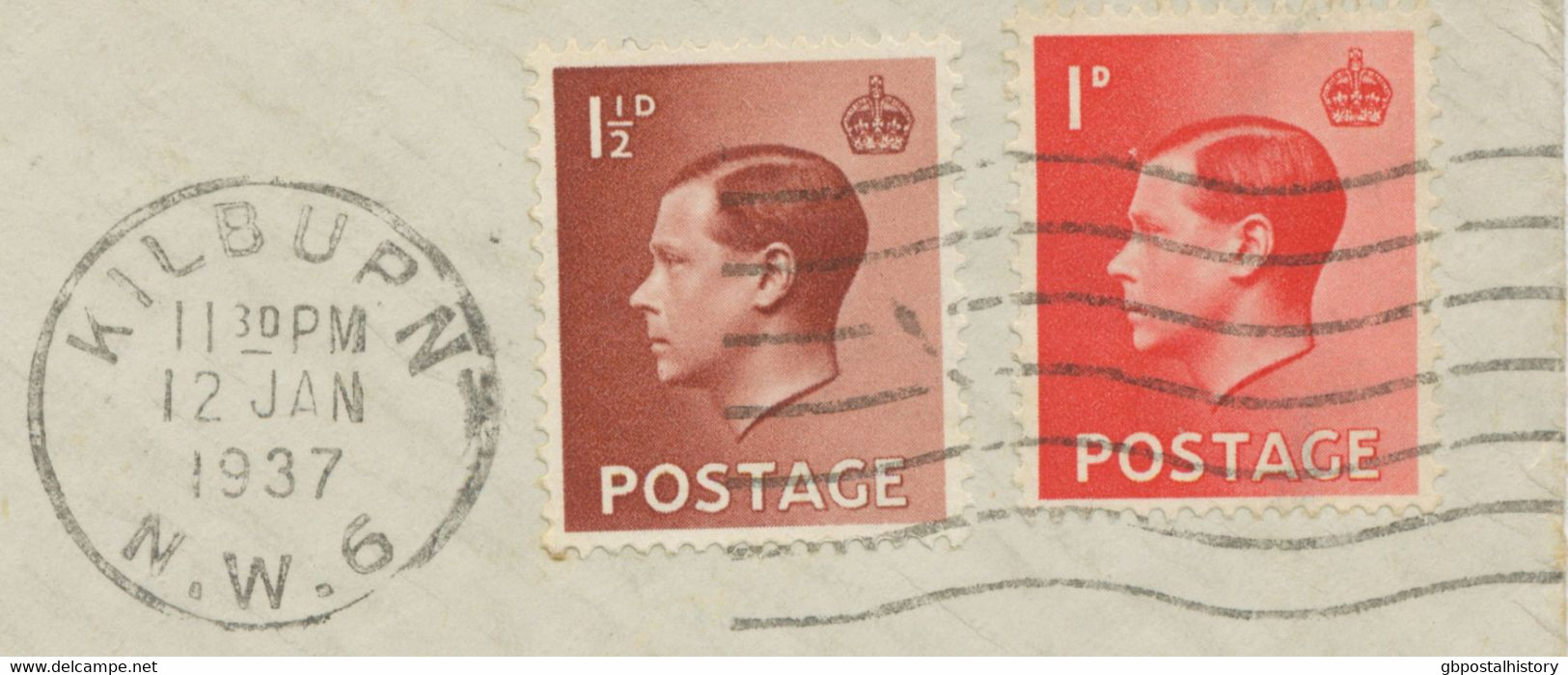 GB 1937 Edward VIII 1d & 1 ½d Mixed Postage Tied By Machine Postmark „KILBUPN / N.W.6“ (KILBURN, LONDON - POSTMARK-ERROR - Storia Postale