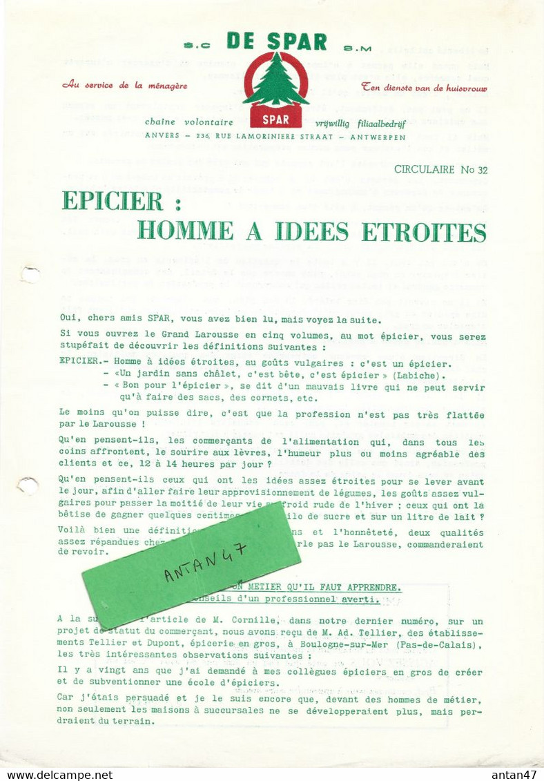 Circulaire N°32 / Belgique ANVERS / MagasIn Alimentation SPAR /Epicier : Homme à Idées étroites / Métier à Apprendre - Lebensmittel