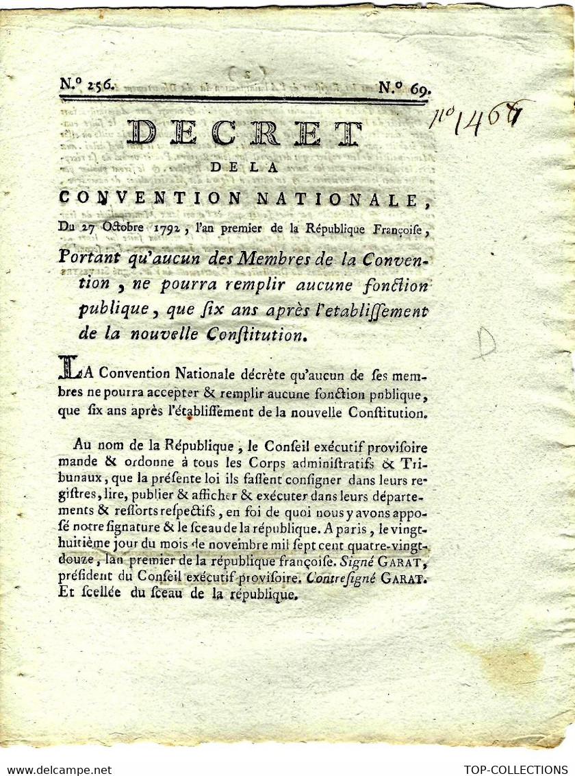 REVOLUTION 1792 CONSTITUTION FONCTION PUBLIQUE RESTRICTION MEMBRES DE LA CONVENTION - Decrees & Laws