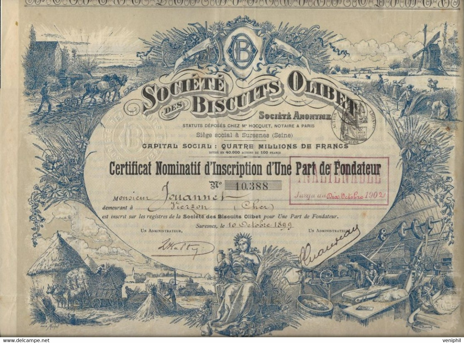 SOCIETE DES BISCUITS OLIBET- SURESNES - CERTIFICAT ILLUSTRE NOMINATIF D'UNE PART DE FONDATEUR - 1899 - Other & Unclassified
