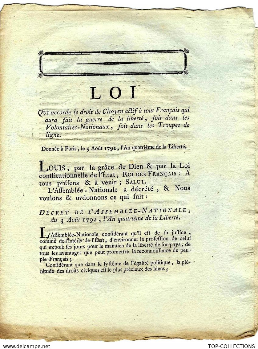 1792  REVOLUTION NATION GUERRE ET PAIX TROUPES DE LIGNE ENGAGEES POUR LA LIBERTE "CITOYEN ACTIF" B.E.V.SCANS - Decrees & Laws