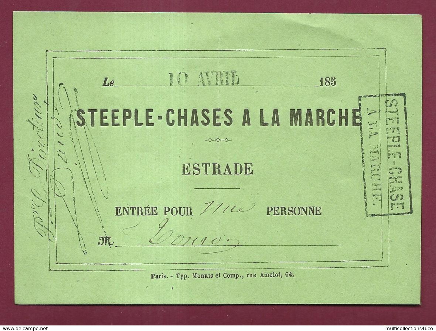 140622 - BILLET ENTREE Vers 1850 HIPPODROME DE LA MARCHE Près Paris Steeple Chase - Hipismo