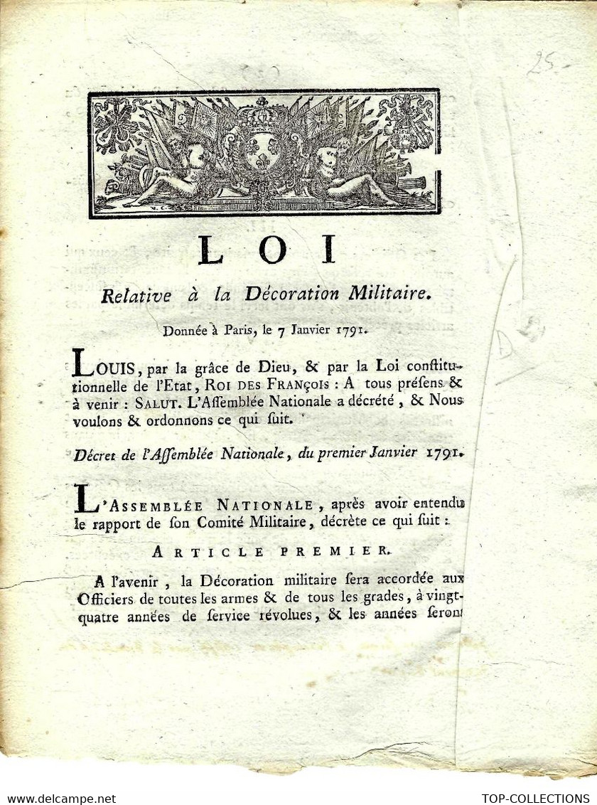 1791  LOI  DECORATION MILITAIRE   AUX DEFENSEURS DE LA PATRIE OU COMMENT RENFORCER L’ ESPRIT PATRIOTIQUE  B.E. V.TEXTE - Décrets & Lois